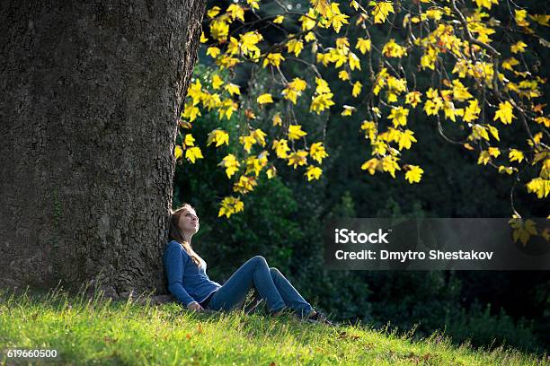 Girl Sitting On The Grass Under Maple Tree In Autumn Stock Photo - Download Image Now