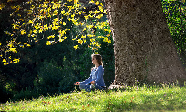 istock Girl meditates on the grass under maple tree in autumn 619661340