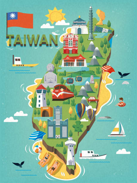 Taiwan travel map Taiwan travel map, with chinese characters writing sun moon lake on the stele and the red house on the red building lighthouse drawings stock illustrations