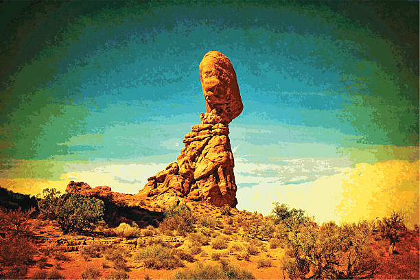 illustrazioni stock, clip art, cartoni animati e icone di tendenza di illustrazione retrò di balanced rock nel parco nazionale di arches, utah - arches national park illustrations