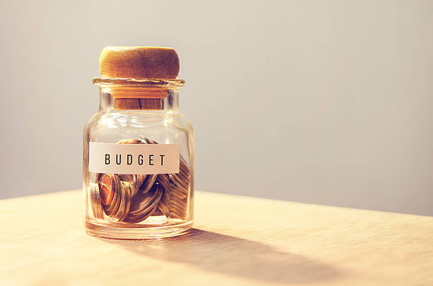 Budget Coin in piggy bank with text budget on paper, sunlight effect, business and finance concept, copy space. retro filter effect. capital budget pictures stock pictures, royalty-free photos & images