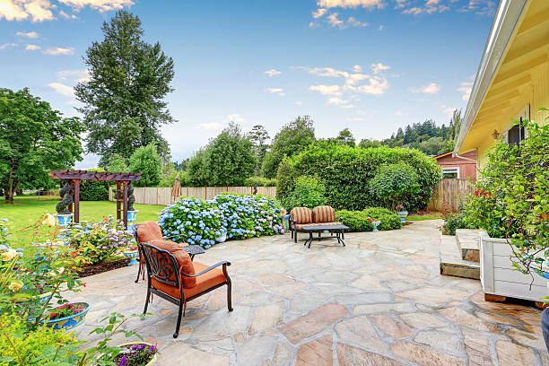 istock Well designed patio area with stone floor. 619668398