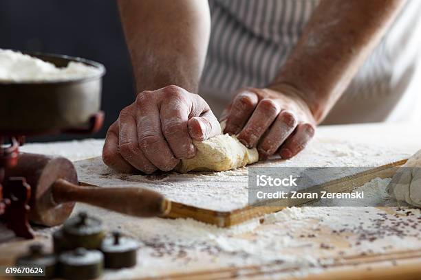 Close Up Of Male Baker Hands Kneading Dough Stock Photo - Download Image Now - Bread, Kneading, Pasta