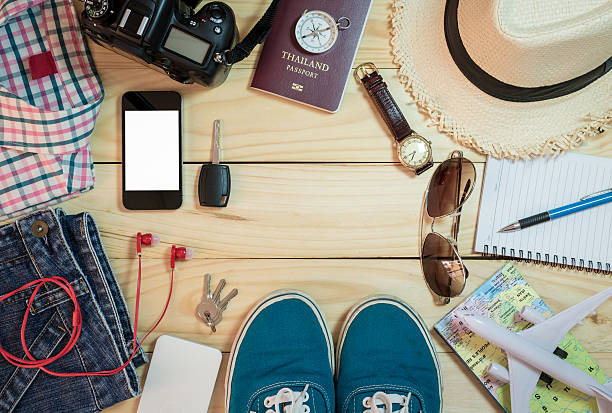 istock Set of clothes and travel accessory 619671454
