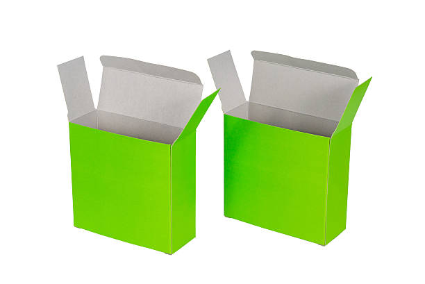 istock Two Green Box with lid open, green paper package isolated 619671914
