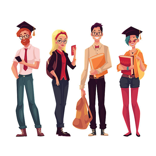 ilustrações de stock, clip art, desenhos animados e ícones de group of college, university students with books and phones - lifestyles student university graduation