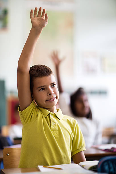 istock Schoolboy in the classroom raising hand to answer the question. 619674860