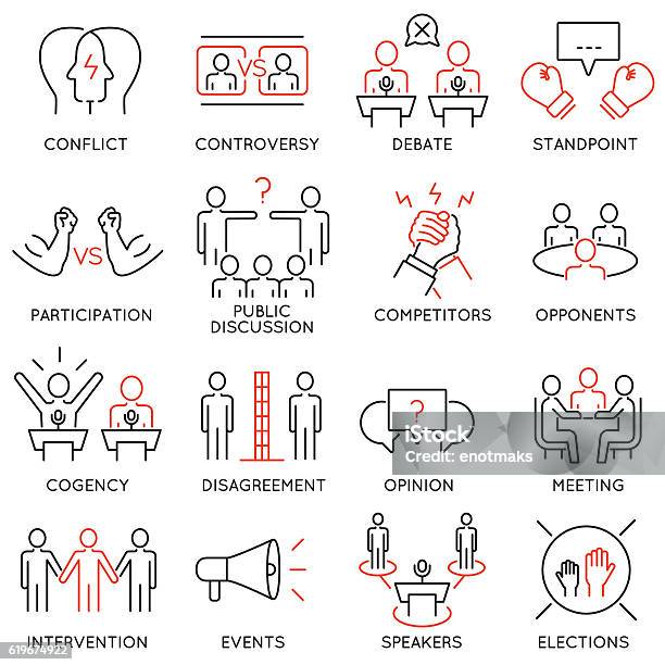 Ilustración de Iconos De Controversia Discusión Y Competencia y más Vectores Libres de Derechos de Ícono - Ícono, Conflicto, Mediación