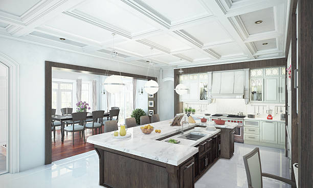 cocina de lujo interior. ilustración 3d - designer home addition living room domestic kitchen fotografías e imágenes de stock