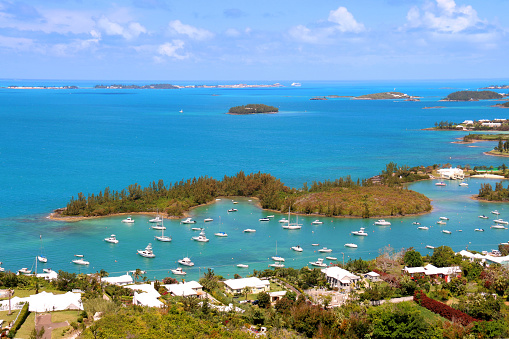 Bermuda tropical landscape view from above showing the beautiful Bermudan archipelago.