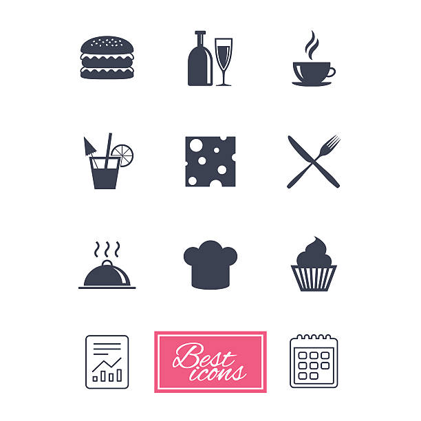 Food, drink icons. Coffee and hamburger signs. Food, drink icons. Coffee and hamburger signs. Cocktail, cheese and cupcake symbols. Report document, calendar icons. Vector beef pad stock illustrations