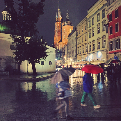 Rynek Glowny Square at a rainy day.Mobilestock photo