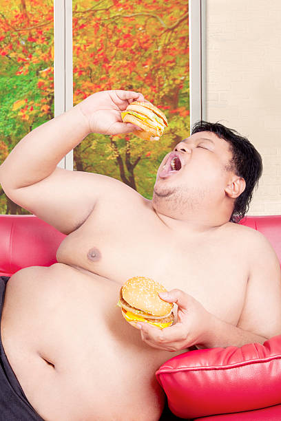 istock Overweight with two big hamburgers 619733716