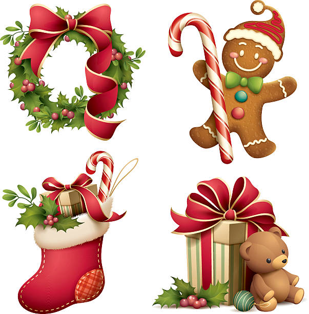illustrazioni stock, clip art, cartoni animati e icone di tendenza di set iconografico natalizio - omino di pan di zenzero
