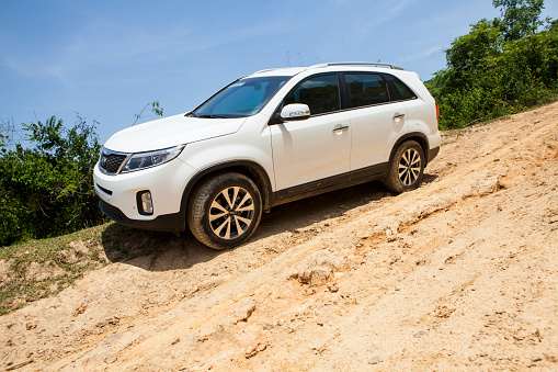 Vals, Switzerland - July, 22nd - 2022: Subaru SUV standing on a meadow, mountains in background