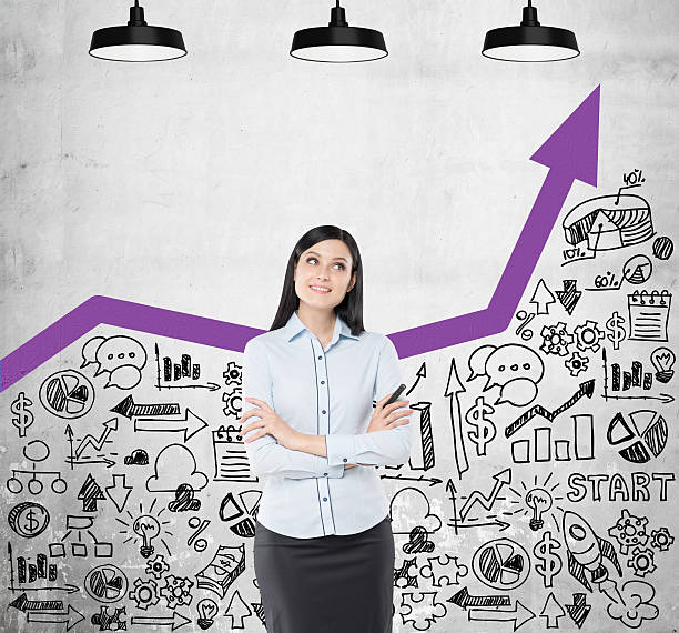 istock Dreamy girl with purple graph on concrete wall 619736042