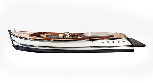 istock Vintage wooden boat with steering wheel and dashboard 619736080