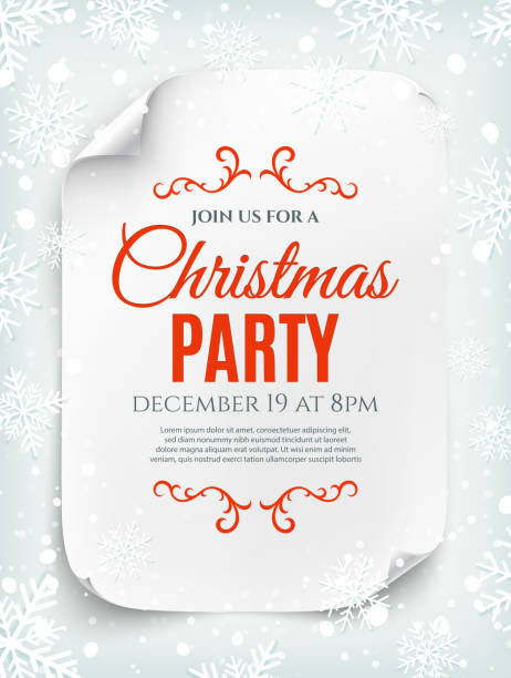 Christmas party invitation poster on winter background. Christmas party invitation poster, flyer or brochure template on winter background. Curved, paper banner, scroll. Vector illustration. typescript photos stock illustrations