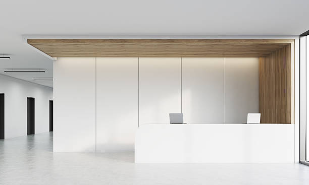 Front view of reception desk in corridor