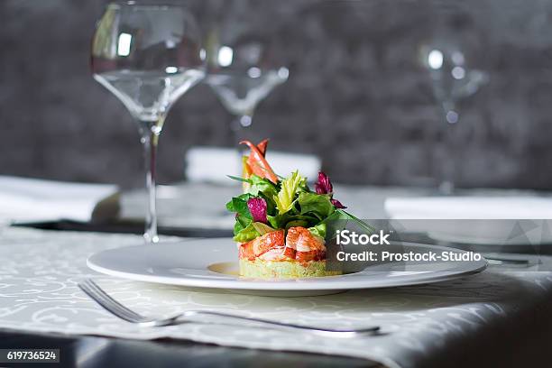 Crab Meat Appetizer Seafood Delicacy In Restaurant Interior Stock Photo - Download Image Now