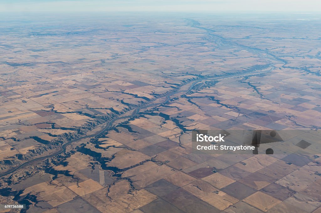 Red Deer River carving the prairies.. Aerial image of Red Deer River carving it's way through the Alberta plains Aerial View Stock Photo