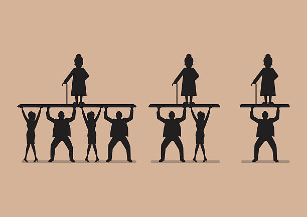 Ratio of Workers to Pensioners in silhouette Ratio of Workers to Pensioners in silhouette. Aging population problem tax silhouettes stock illustrations