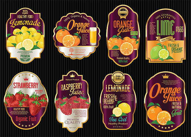ilustraciones, imágenes clip art, dibujos animados e iconos de stock de conjunto de orgánico de frutas retro vintage etiquetas de oro - healthy eating backgrounds freshness luxury