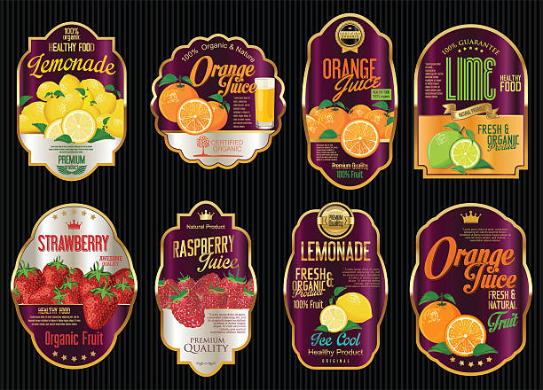 illustrazioni stock, clip art, cartoni animati e icone di tendenza di gruppo di frutta biologica etichette d'oro retrò vintage, collezione - healthy eating backgrounds freshness luxury