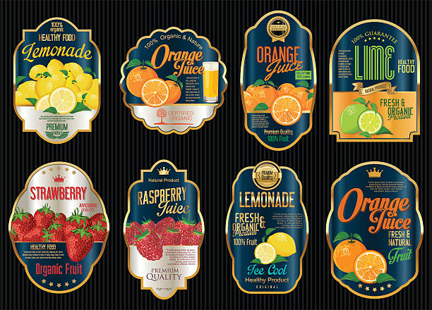 Set of organic fruit retro vintage golden labels collection Set of organic fruit retro vintage golden labels collection insignia healthy eating gold nature stock illustrations