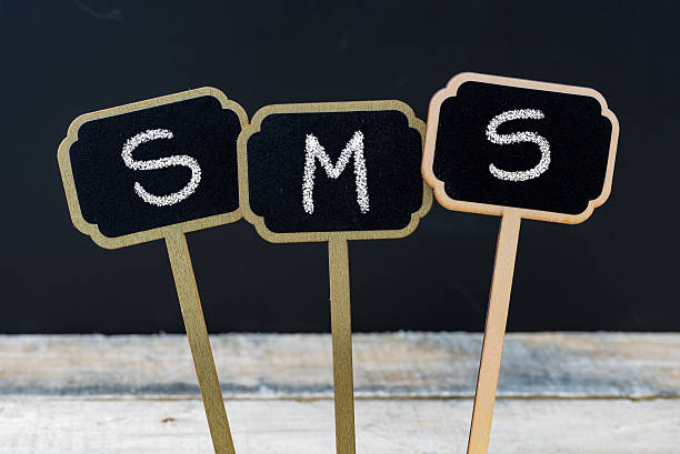 istock Word SMS written with chalk on wooden mini blackboard labels 619739062