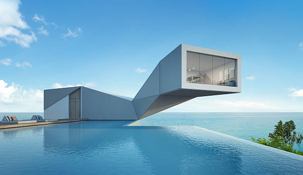 maison vue mer avec piscine dans un design moderne, bâtiment abstrait - modern art art abstract blue photos et images de collection