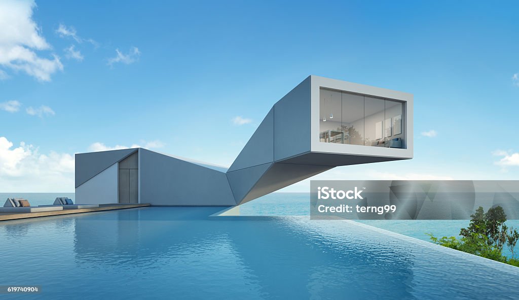 sea view house with pool in modern design, Abstract building 3d rendering of building and swimming pool Futuristic Stock Photo
