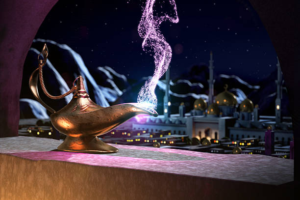 3D fairytale of magic lamp magic lamp on the window with panoramic view on sultan's palace at night magic lamp photos stock pictures, royalty-free photos & images
