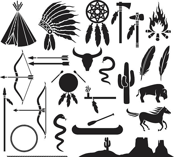 native american indians icons set (bow and arrow, horse) native american indians icons set (bow and arrow, snake, horse, bison, cactus, tomahawk, axe, campfire, landscape, wigwam, chief headdress, canoe, peace pipe, dream catcher) headdress stock illustrations