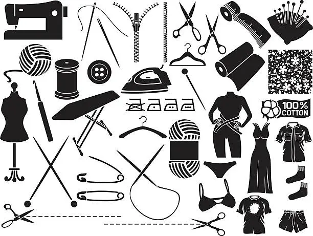 Vector illustration of sewing icons (equipment and needlework elements)
