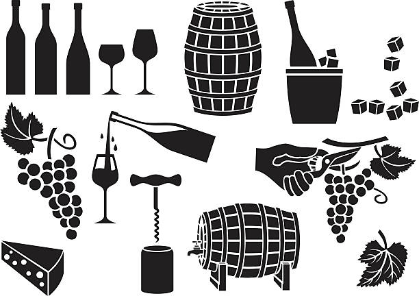 wine icons set (corkscrew, opener, bottle, glass, grapes) wine icons set (corkscrew, opener, cork, garden shears or pruner, barrel, bottle, glass, grapes, cheese, leaf) grape pruning stock illustrations