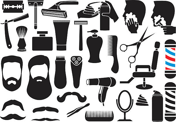 ilustraciones, imágenes clip art, dibujos animados e iconos de stock de conjunto de iconos vectoriales de peluquería o tienda - computer icon symbol hair gel hair salon