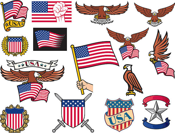 미국 기호 (비행 독수리 들고 플래그, 팔의 코트) - symbol military star eagle stock illustrations