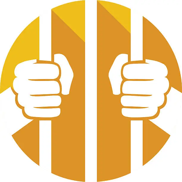 Vector illustration of hands holding prison bars flat icon