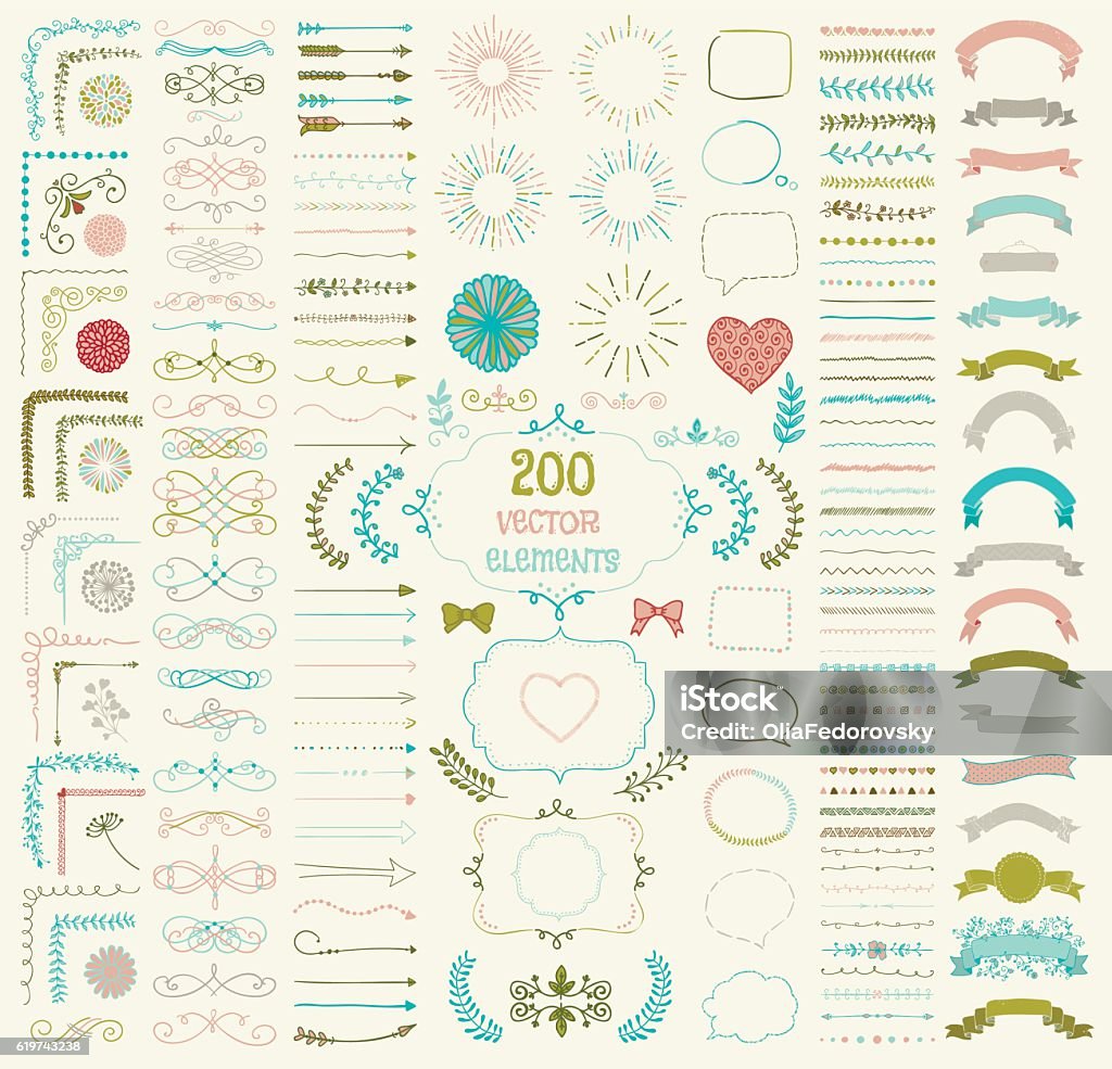 Big Set of Vector Decorative Hand Drawn Design Elements Set of 200 Colorful Hand Drawn Doodle Design Elements. Rustic Decorative Line Borders, Florals, Dividers, Arrows, Swirls, Scrolls, Ribbons, Banners, Frames Corners Objects. Vector Illustration Cute stock vector