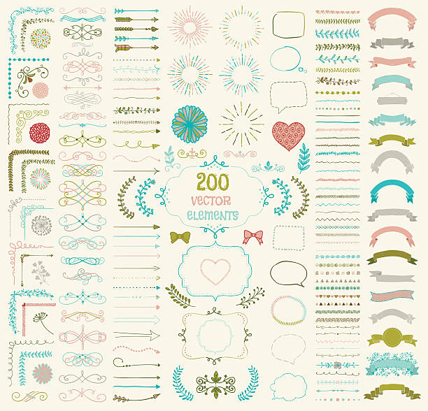 Big Set of Vector Decorative Hand Drawn Design Elements Set of 200 Colorful Hand Drawn Doodle Design Elements. Rustic Decorative Line Borders, Florals, Dividers, Arrows, Swirls, Scrolls, Ribbons, Banners, Frames Corners Objects. Vector Illustration weed leafs clip art stock illustrations