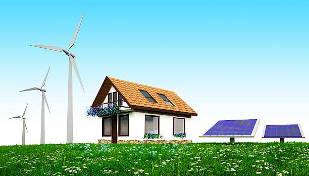 istock 3D wooden house illustration with wind mill and solar panel 619743386