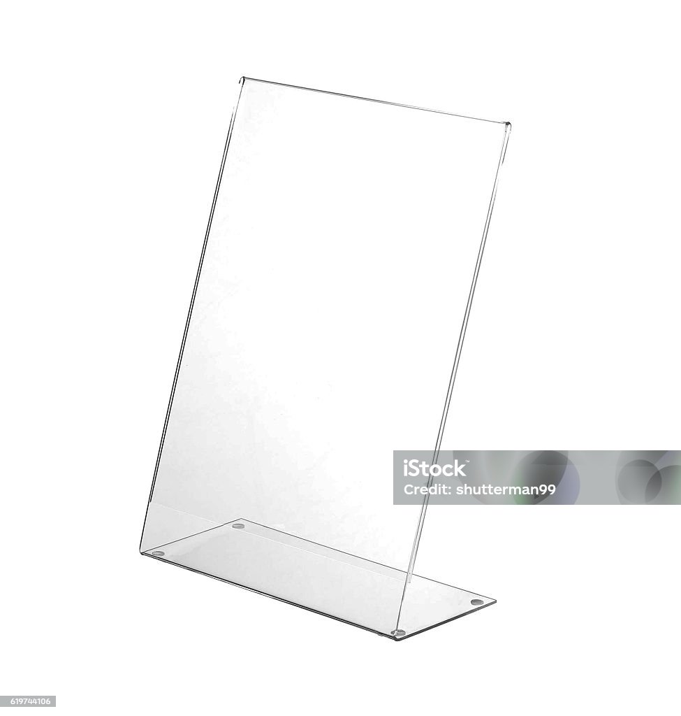 Transparent acrylic table stand display for menu isolated, white background Transparent acrylic table stand display for menu in isolated white background Collection Stock Photo