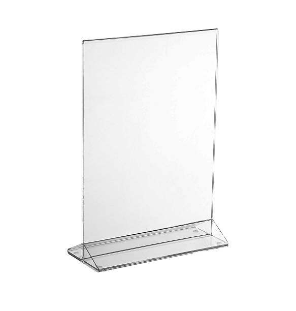 istock Transparent acrylic table stand display for menu isolated, white background 619744858