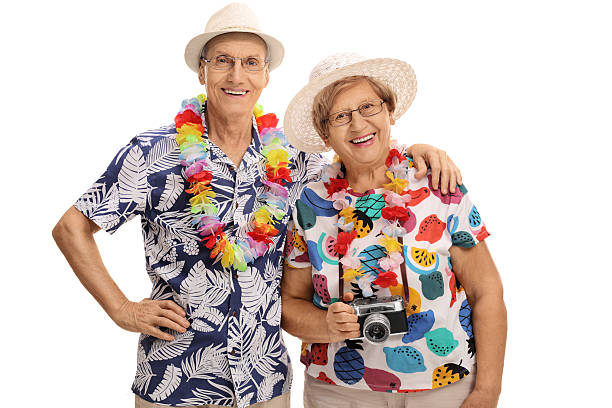 istock Happy mature tourists posing together 619747544