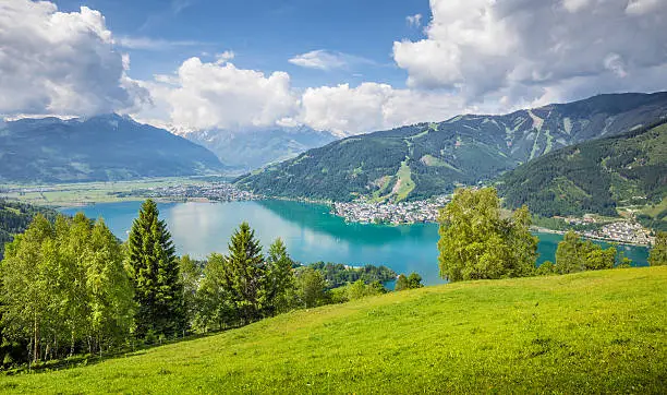 Panoramic view of beautiful scenery in the Alps with clear lake and green meadows full of blooming flowers on a sunny day with blue sky and clouds in springtime, Zell am See, Salzburger Land, Austria.