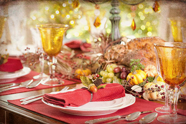 istock Thanksgiving Christmas Elegant Holiday Turkey Dinner and Christmas Tree 619759664