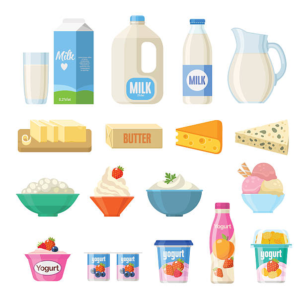 Dairy products Vector collection of dairy products in flat style including milk, butter, cheese, yogurt, cottage cheese, sour cream, ice cream, cream, isolated on white. dairy product stock illustrations