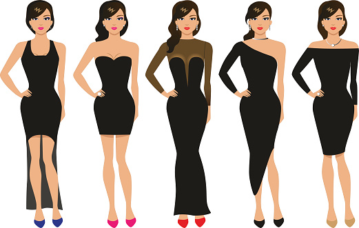 Vector illustration of a set of evening dresses. The girl in a dark dress isolated on white background. The concept of fashion and out the ball.