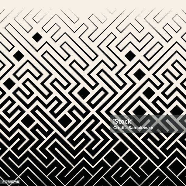 Vector Seamless Black White Square Maze Lines Halftone Pattern Stock Illustration - Download Image Now